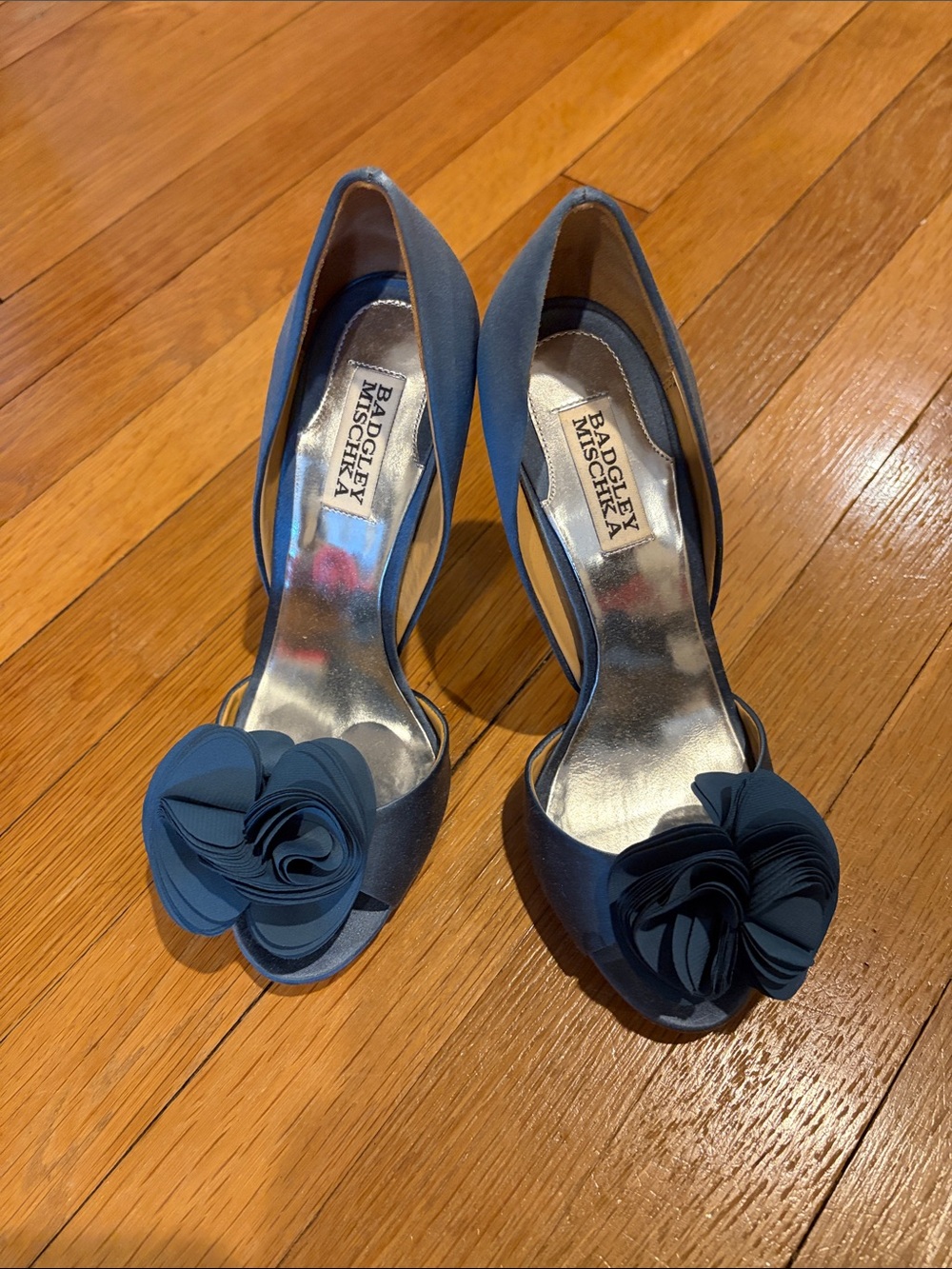 Badgley Mischka Steel Blue Satin Peep-Toe Heels with Rosette